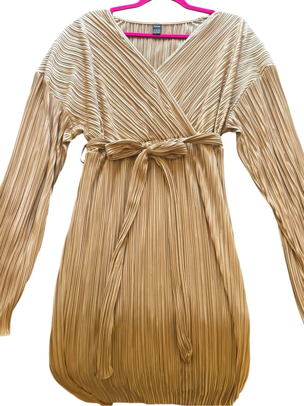 SHEIN Champagne Pleated Long Sleeve Wrap Dress with Tie Waist - Picture 5 of 5